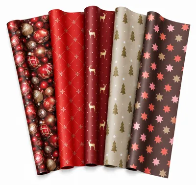 Produktbild von Benza – Geschenkpapier „Christmas Elegance“ – 5 Rollen à 200 × 70 cm – Weihnachtskugeln, Hirsche, Weihnachtsbäume und Sterne – Geschenkpapier für Weihnachten, KI-generiertes Bild