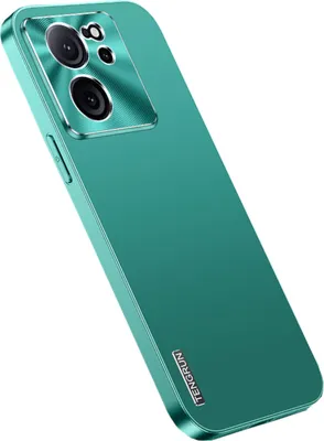 A close-up, angled view of a green smartphone case with a metallic camera module.