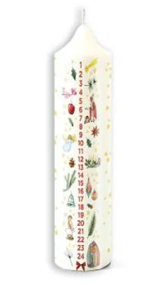Produktbild von Adventskalender-Kerze aus Stearin, 22 cm hoch, Ø 5,6 cm, mit Tagesmarkierungen & Adventsmotiven