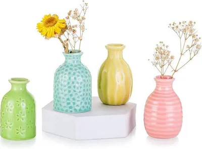 Image de Mini-vases en céramique : lot moderne de 4 petits vases pour la maison, le salon, la décoration de table, les mariages, 7,5 cm (bleu/vert/jaune/rouge)