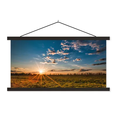 Produktbild von MuchoWow® Textilposter Sonnenuntergang - Natur - Wolken - Gras 90x45 cm mit schwarzem Rahmen - Klemmleisten