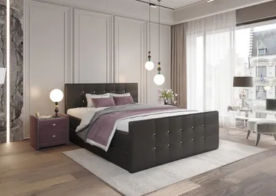 A bedroom scene with a bed, nightstand, and window.