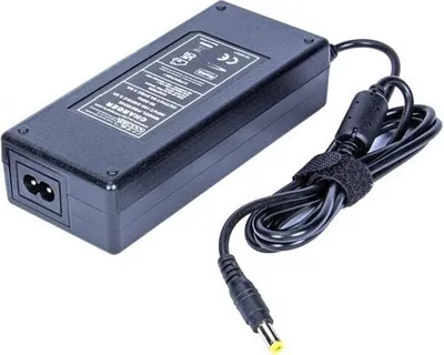 A black power adapter for an electric scooter is shown on a white background.