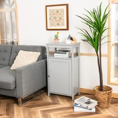 Immagine prodotto di Mobiletto da bagno con gambe in legno e ripiano multifunzionale, colore grigio