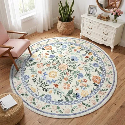 Productafbeelding van Rond tapijt met bloemenprint, 120 cm, groen, laagpolig, wasbaar