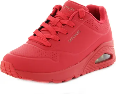 A red Skechers sneaker is shown from a side angle against a white background.