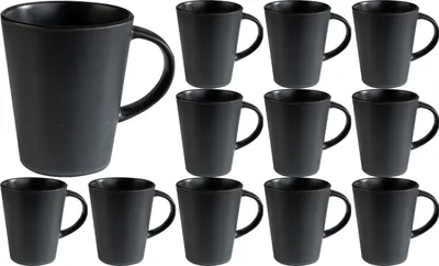 A collection of black ceramic mugs arranged on a white background.