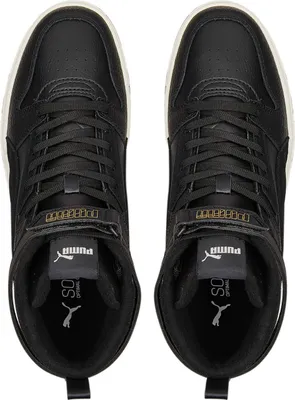 A top-down view of a pair of black Puma sneakers.