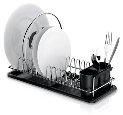 Produktbild von Abtropfgestell - Geschirrständer – Tellerhalter – kompaktes platzsparendes Design – 12 Abtropfplätze für Teller Deckel Untertassen - Edelstahl – 2 Besteckhalter