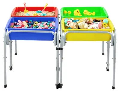 Image de Table d'activité sensorielle SucceBuy avec 4 stations, des boîtes de rangement amovibles et des pieds antidérapants, cadre robuste en acier au carbone, angles arrondis, adaptée aux enfants de 3 à 6 ans
