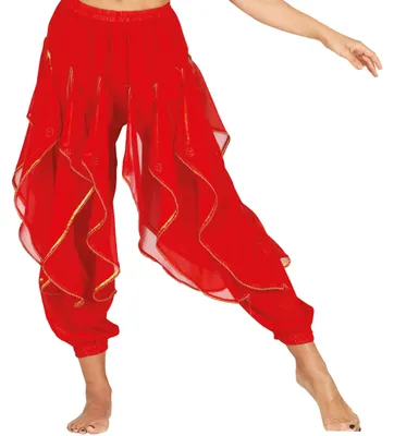 Produktbild von Bauchtanz Hose für Damen rot mit Volants Haremshose Pumphose Bauchtänzerin Orient Karneval Fasching, Größe: 38 - 40 (M) Farbe: Rot