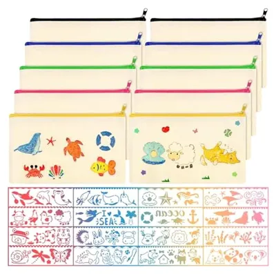 Produktbild von 10 Stück DIY Stoffbeutel Zum Bemalen, Stoff Federmäppchen Federmäppchen Stofftaschen Taschen Zum Bemalen Reise Kulturbeutel Segeltuch Kosmetiktasche Mitgebsel, 21 x 12 CM