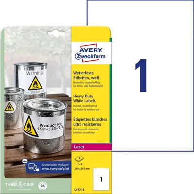 Produktbild von Avery Zweckform L4775-8 Wetterfeste Folien-Etiketten, 210 x 297 mm, 8 Bogen/8 Etiketten, weiß