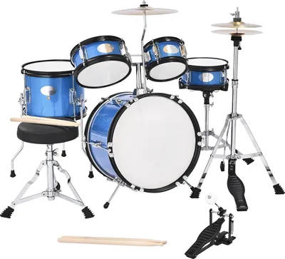 Produktbild von Kinderschlagzeug - 5-teiliges Set - Basstrommel 35,6 cm - Snare 20,3 cm - Tomtoms 15,2/20,3 cm - Standtom 25,4 cm - Crash 25,4 cm & Hi-Hat 20,3 cm - Für Kinder 6–13 Jahre - Blau