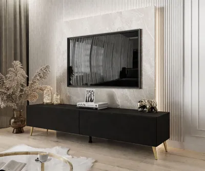 Produktbild von RTV Schrank COLETTE III 175 cm Schwarz / Schwarz matt mit LED-Beleuchtung, Beine: Gold