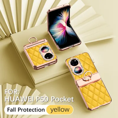 Obrázek produktu pro Kožené pouzdro na Huawei P50 Pocket s držákem na prsten, blyštivé ochranné pouzdro s ochranou pantu Žluť