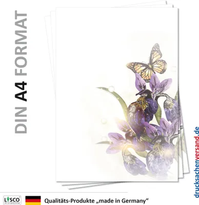 Produktbild von Motiv Briefpapier (Blumen-5131, DIN A4, 100 Blatt) Motivpapier Schmetterlinge Tau Schwertlilien grün violett lila Blumen