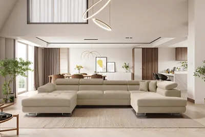 Image de Canapé d'angle en U avec fonction couchage Falio II et appuie-t?te réglables Beige clair Côté droit