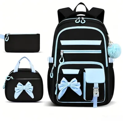 Immagine prodotto di Set da scuola in 3 pezzi: zaino in nylon viola + borsa porta pranzo, leggero, traspirante, resistente, per ragazzi e ragazze, scuola, tempo libero, adolescenti, nero-blu