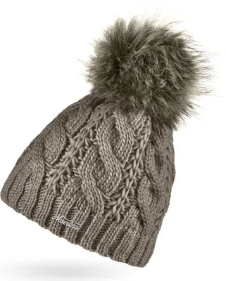 Produktbild von Damen Strick-Mütze gefüttert mit Fleece Grobstrick Zopfmuster Fell-Bommel Kunstfell Bommelmütze Neverless® dunkelbeige