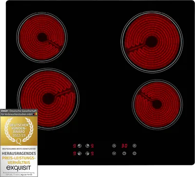 A top-down view of a black electric stovetop with four red heating elements.