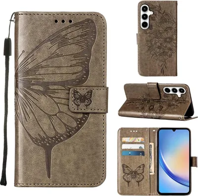 Produktbild von Mobigear Butterfly Schutzhülle für Samsung Galaxy A35 – Klapphülle/Etui mit Geldbörsenfunktion – Grau