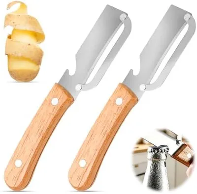 Produktbild von 4Stück Küchen Schäler, Hochwertiger GemüSeschäLer Mit Holzgriff Und FlaschenöFfner: 2-In-1-Küchenwerkzeug Aus Edelstahl, Geeignet FüR Obst, äPfel, Kartoffeln, KüRbis Und Papaya