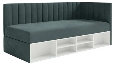 Produktbild von Selsey Ventrio - Jugendbett rechtsseitig mit Regalen, Easy-Clean-Samtbezug, blaugrau