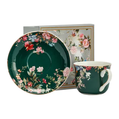Produktbild von Tasse Becher Porzellan Kaffeetasse Teetasse mit Untertasse Blumen Grün 400 ml