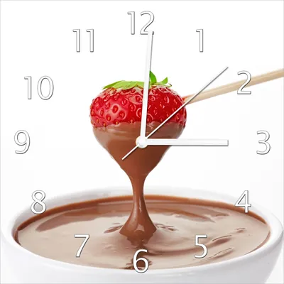 Produktbild von Wallario Design Wanduhr Schoko-fondue mit Erdbeer am Stiel aus Echtglas, Größe 30 x 30 cm