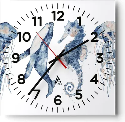 Produktbild von Wanduhr - Quadrat - Glasuhr - Tiere Marine Kinder - 40x40cm - Schleichendes Uhrwerk - Lautlos - zum Aufhängen bereit - Dekoration Modern - Wanddekoration aus Glas - C4AC40x40-4262