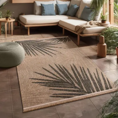 Produktbild von Outdoor Teppich Blätter Balkon, Terrasse schmutzabweisend Beige Rechteckig 120x160 | 100% Polypropylen | Florhöhe: 7 mm