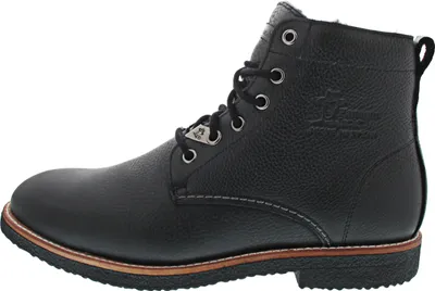 A black leather boot on a white background.