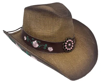 Imagen del producto de Sombrero de paja estilo vaquero/vaquera, bordado y con motivos florales, uni, de 60 cm, ideal para jardín y camping