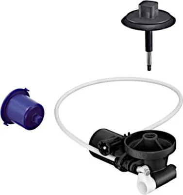 A collection of plumbing parts, including a blue filter, a black pump assembly with a white tube, and a black plunger-like component.