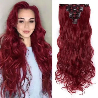 Image de Extensions à clipser, cheveux ondulés, 60 cm, 140 g, rouge, 8 mèches, 18 clips, fibre synthétique