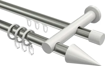 Produktbild von Interdeco Rundrohr-Innenlaufstange / Gardinenstange (Kombination) Edelstahl-Optik / Weiß, Typ Platon Savio (Kegel), 20 mm Ø 2-läufig, 120 cm