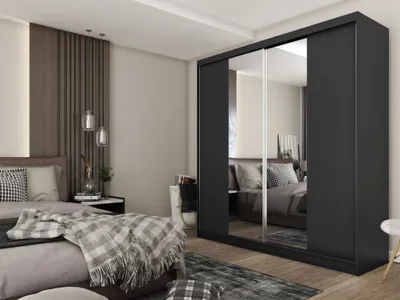 Zdjęcie produktu dla AGMAT Szafa z drzwiami przesuwnymi Lyon, Szafa z 2 drzwiami, Nowoczesna szafa w kolorze: Czarny, Szafa w rozmiarze: 200 x 216 x 61 cm
