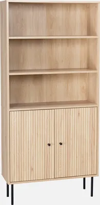 A tall, narrow bookshelf with two cabinet doors at the bottom and three shelves above.