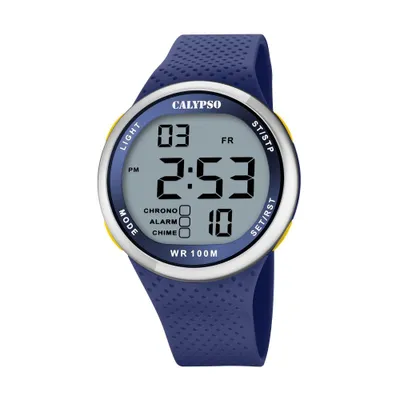 A digital watch with a blue strap and a gray face displaying the time and date.