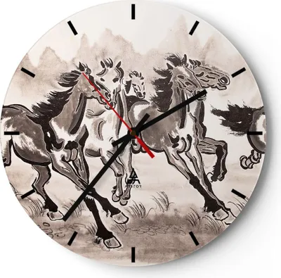 Produktbild von Wanduhr - Rund - Glasuhr - Pferd Abbildung Natur - 40x40cm - Schleichendes Uhrwerk - Lautlos - zum Aufhängen bereit - Dekoration Modern - Wanddekoration aus Glas - C3AR40x40-3117