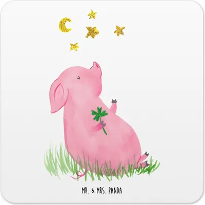 Produktbild von Mr. & Mrs. Panda Untersetzer für Gläser Schwein Glück 15er Set - Weiß - Geschenk, Getränke-Untersetzer, Tassenuntersetzer, Tassen-Untersetzer, Lustige Sprüche, Träume