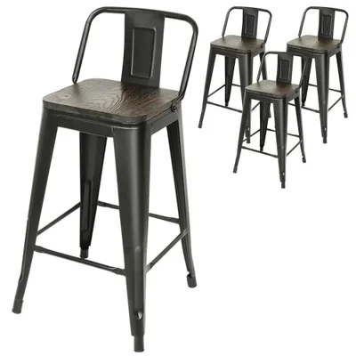 Zdjęcie produktu dla Zestaw 4 krzesła barowych - metalowe krzesła z oparciem - wysokość 84 cm - możliwość układania w stos - styl vintage industrialny - idealne do baru, bistra i tarasu - kolor czarny