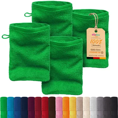 Produktbild von EllaTex PARIS 4er Set Waschhandschuhe 15x21 cm – 100% Baumwolle, 500 g/m² Frottier, Vorteilspack, in Farbe: Grün
