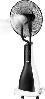 Der Unold STANDVENTILATOR NEBULA TOUCH DIGITAL ist ein schwarz-weißer Stand-Nebelventilator auf Räde