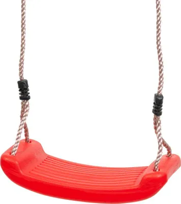A red plastic swing seat with ropes, isolated on a white background.