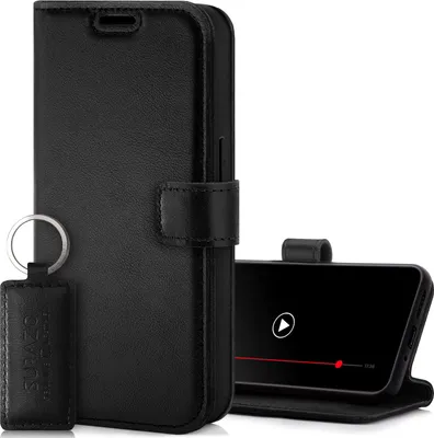 A black leather flip phone case with a keychain is displayed next to a smartphone in a stand-up position, showing a video player interface.