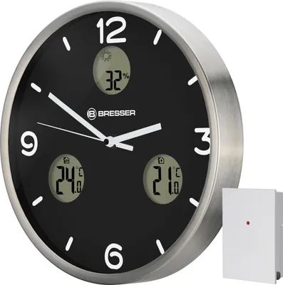 Produktbild von Bresser Funk-Wetterwanduhr 30 cm mit Außensensor, Temperatur, Luftfeuchtigkeit, Wettertrend, Edelstahlrahmen