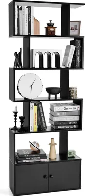 A black, multi-level bookshelf with various decorative items and books placed on its shelves.
