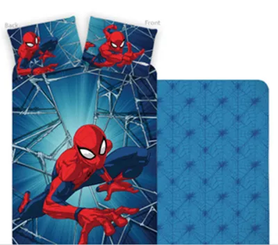 A Spiderman themed bedding set, including a duvet cover and pillowcases, displayed flat against a white background.